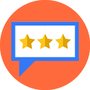Three gold stars in a blue speech bubble over an orange background, representing online review management