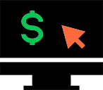 Click arrow in orange and dollar sign in green on monitor icon representing paid search advertising